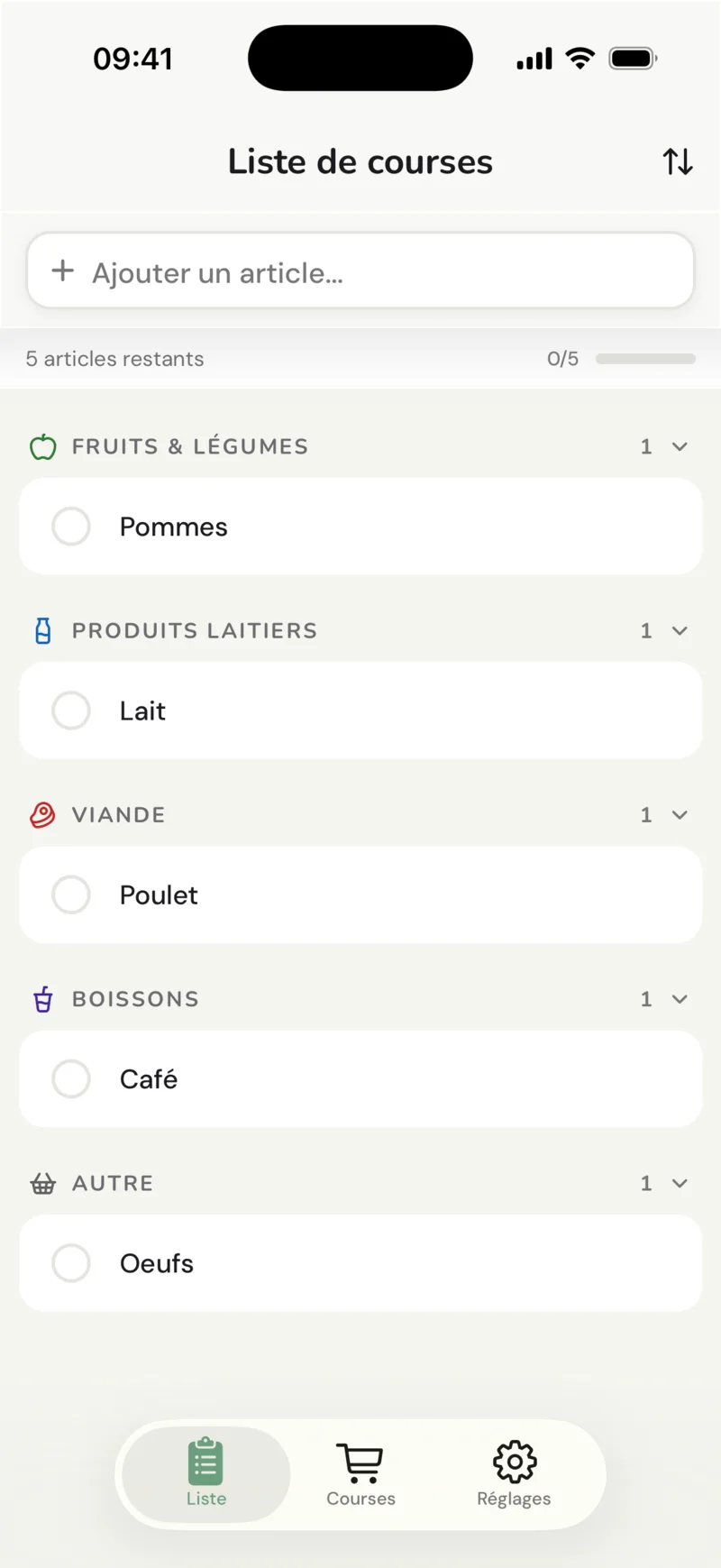 La liste JibJib partagée, avec les articles regroupés par rayon