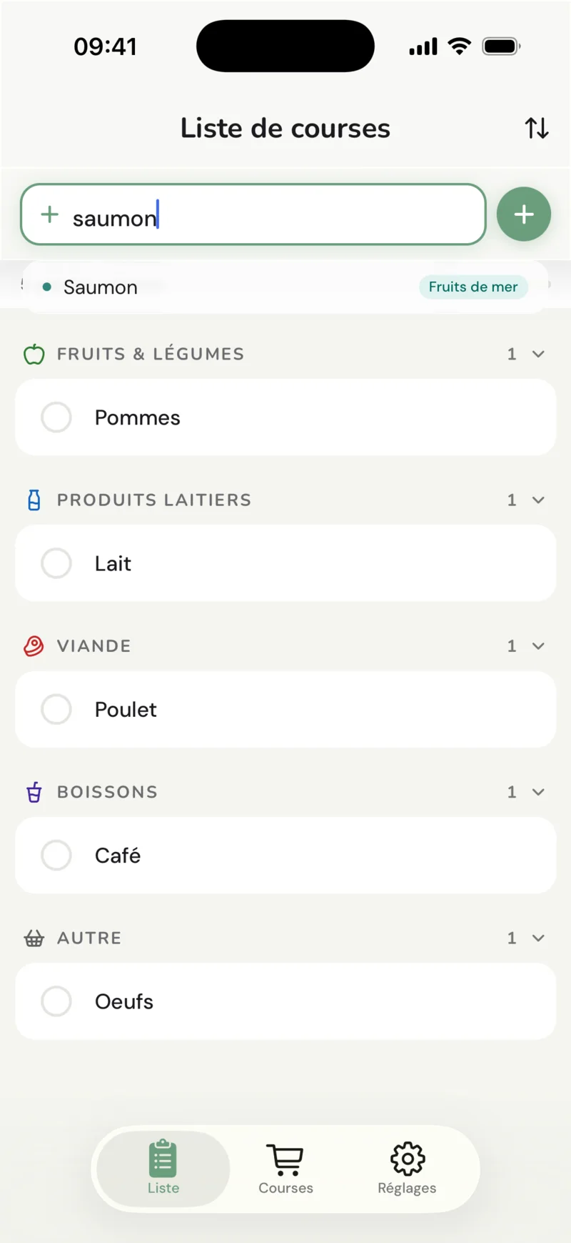 Saisie de « saumon » dans le champ d'ajout, avec Fruits de mer suggéré automatiquement