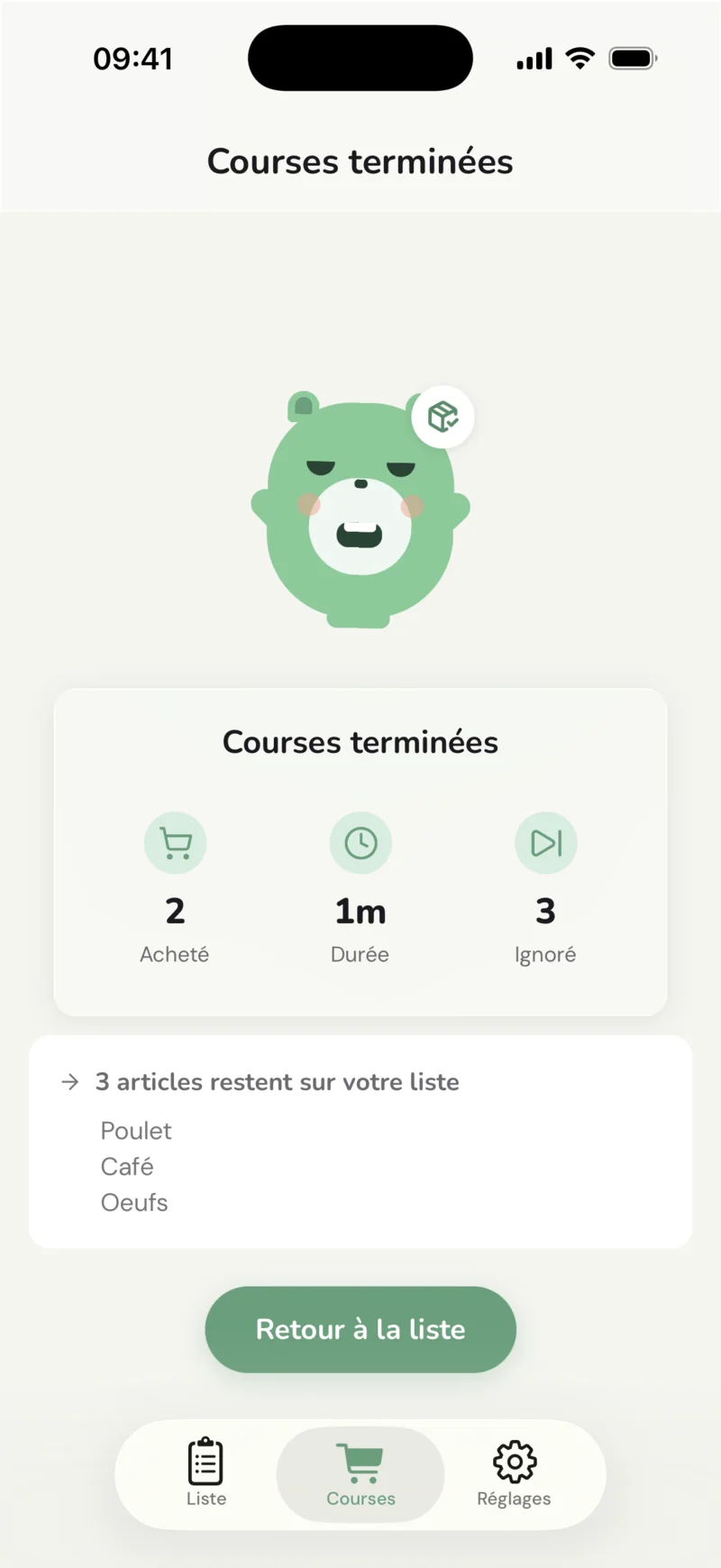 Le récapitulatif : deux articles achetés, deux minutes, et trois articles qui restent sur la liste