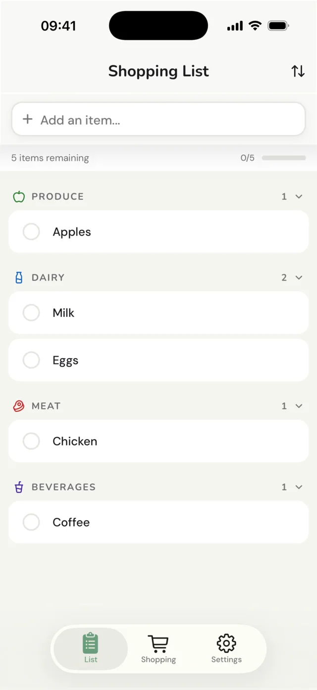 The JibJib shopping list, with items grouped by aisle