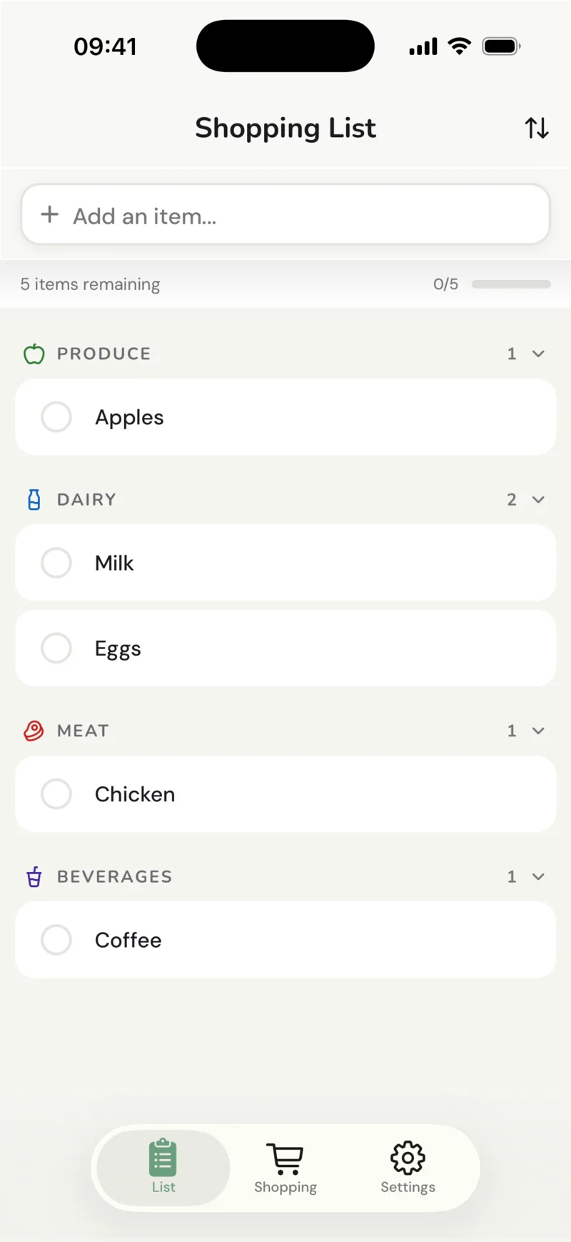 The shared JibJib list, with items grouped by aisle